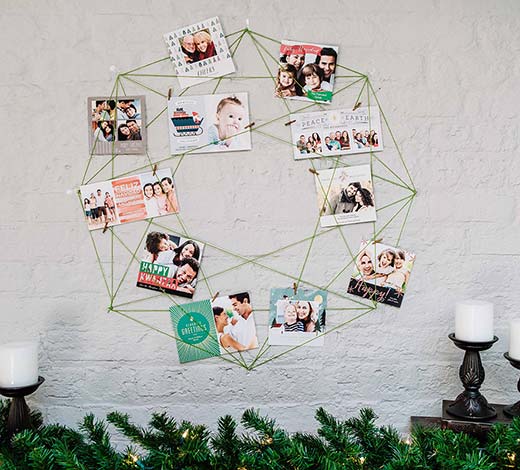 Card wreath DIY, holiday photo cards clipped to wreath