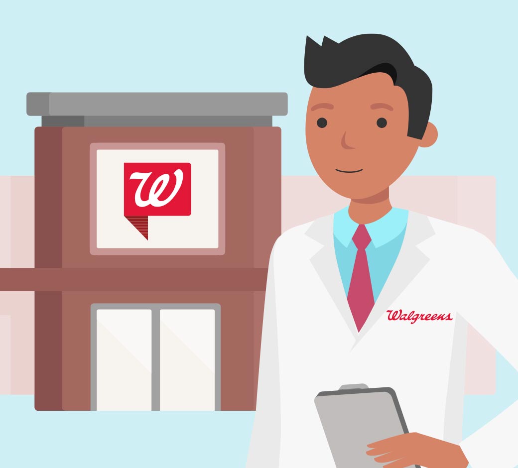 Illustration of Walgreens Pharmacist in front of Walgreens store