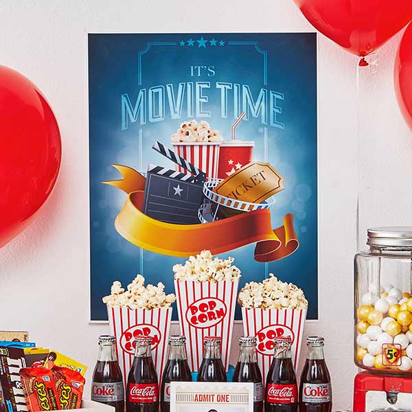 Custom poster on a wall with a design that says "It's Movie Time"