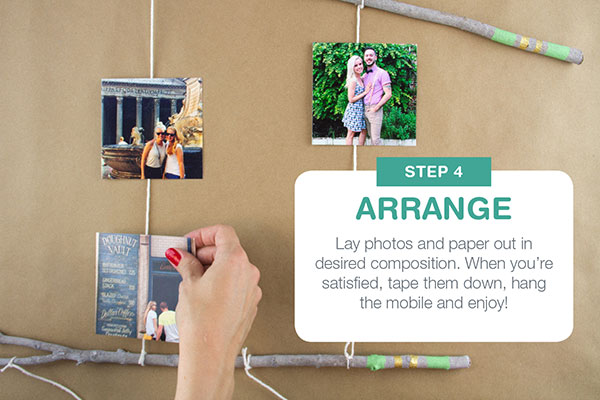 Step 4: Arrange. Lay photos and paper out in desired composition. When you're satisfied, tape them down, hand the mobile and enjoy!